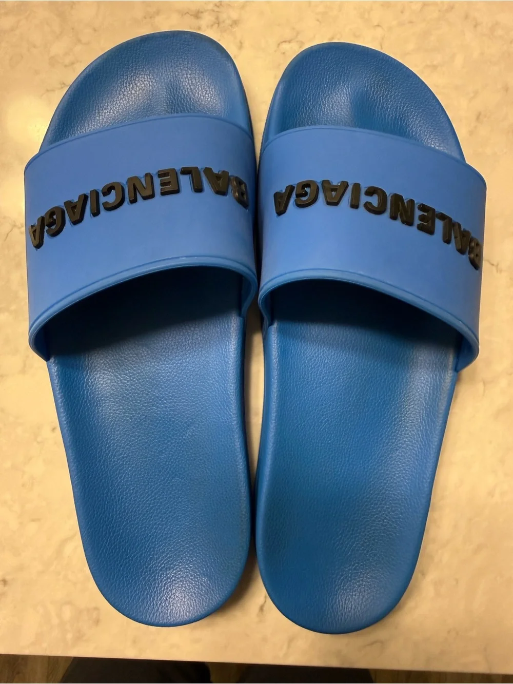 Balenciaga Mens Royal Blue Logo Slide Sandals